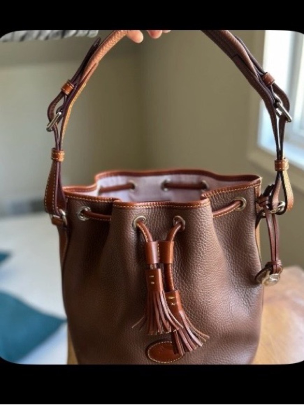 Dooney & Bourke Brown Pebbled Leather Drawstring Hobo with Tassels